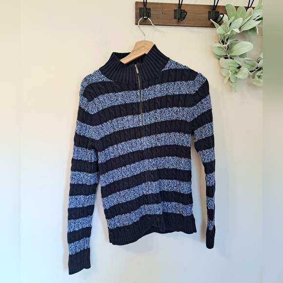 L.L.BEAN Blue Striped Cable Knit Zip-Up Sweater Size M - Picture 1 of 6